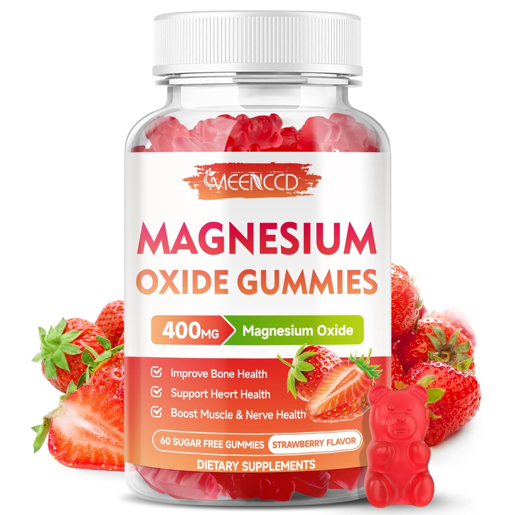 Gommies d'oxyde de magnésium 400mg, Supplément d'oxyde de magnésium à croquer pour les adultes et les enfants, support nerveux et musculaire, non-OGM, sans sucre, goût de fraise, 60 comte