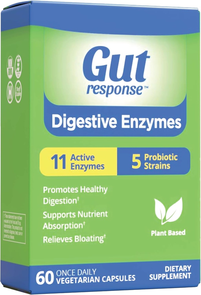 Enzymes digestifs, support digestif, soulagement du gonflement, 5 souches probiotiques, 11 enzymes actives, 60 capsules