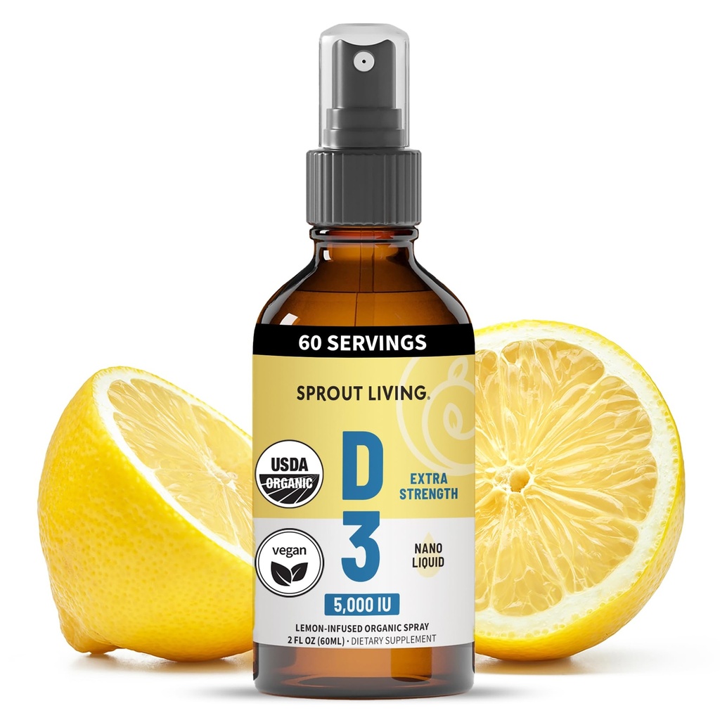 Sprout Living Organic Vitamin D3 5000 IU (Lichen) Spray für Immununterstützung & Knochengesundheit | Trace Minerals mit Real Lemon & Citrus Extract, Sugar Free (2 FL OZ, 60 Portionen)