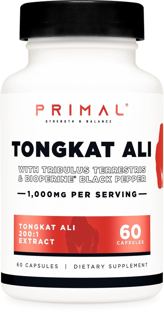 Primal Tongkat Ali Capsules (60 capsules / 30 portions, 1000 mg par portion) - Supplément Jack long pour hommes, sans gluten, supplément nutritionnel à base de plantes non OGM