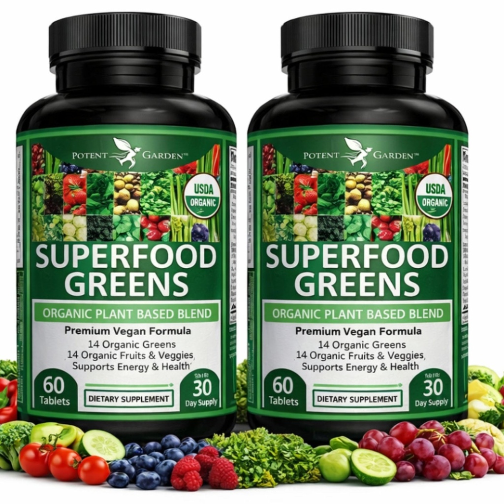 Potent Garden 2-Pack Bio Superfood Greens, Fruits et Veggie Supplément Riche en vitamines et antioxydants avec Alfalfa, Beet Root & Tart Cherry pour stimuler l'énergie, l'immunité et la santé de Gut, 120 Ct