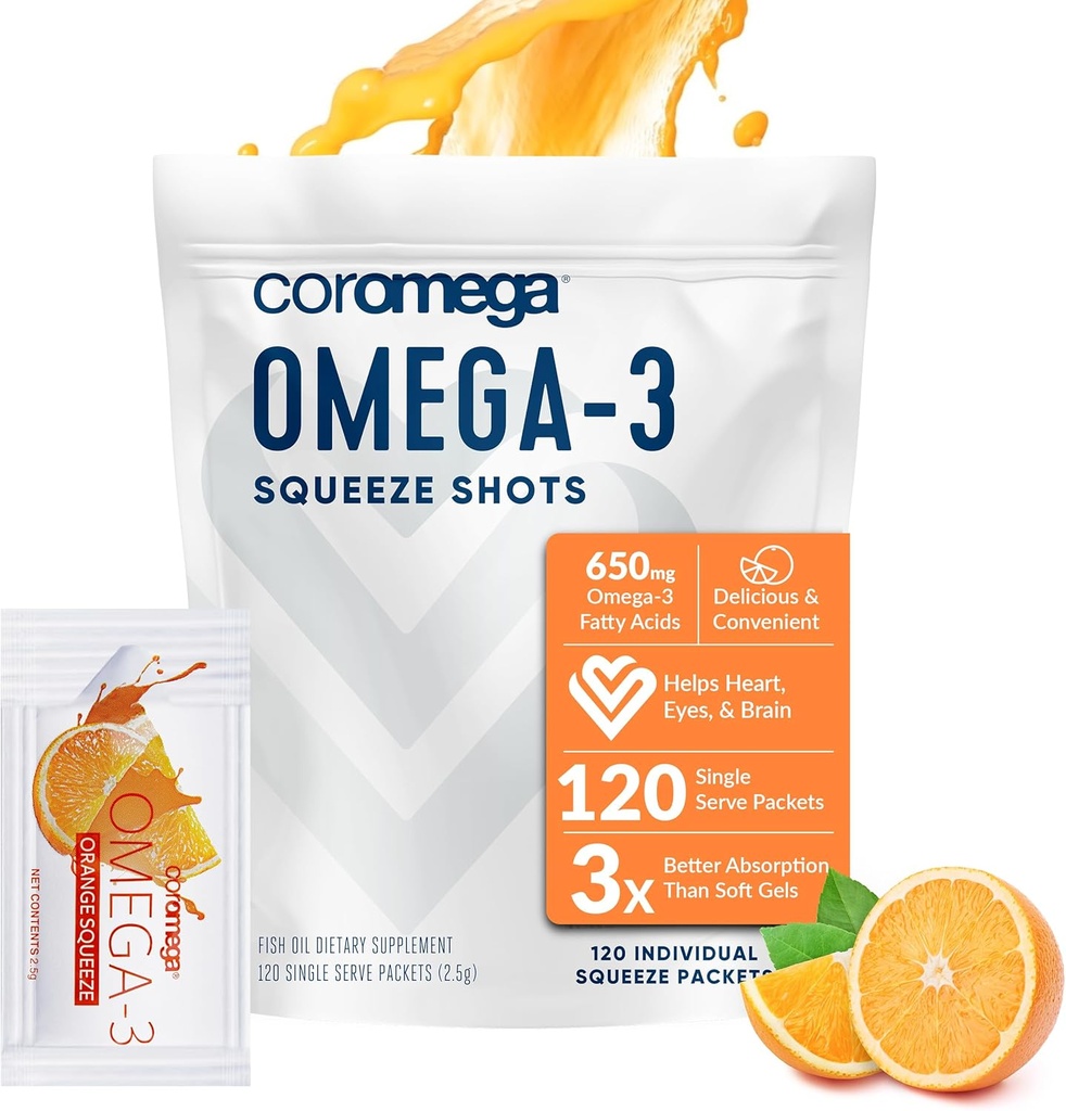 Supplément d'huile de poisson Coromega Omega 3, 650mg de Omega-3s avec 3X meilleure absorption que les softgels, Arôme orange, 120 Packets à coupe unique