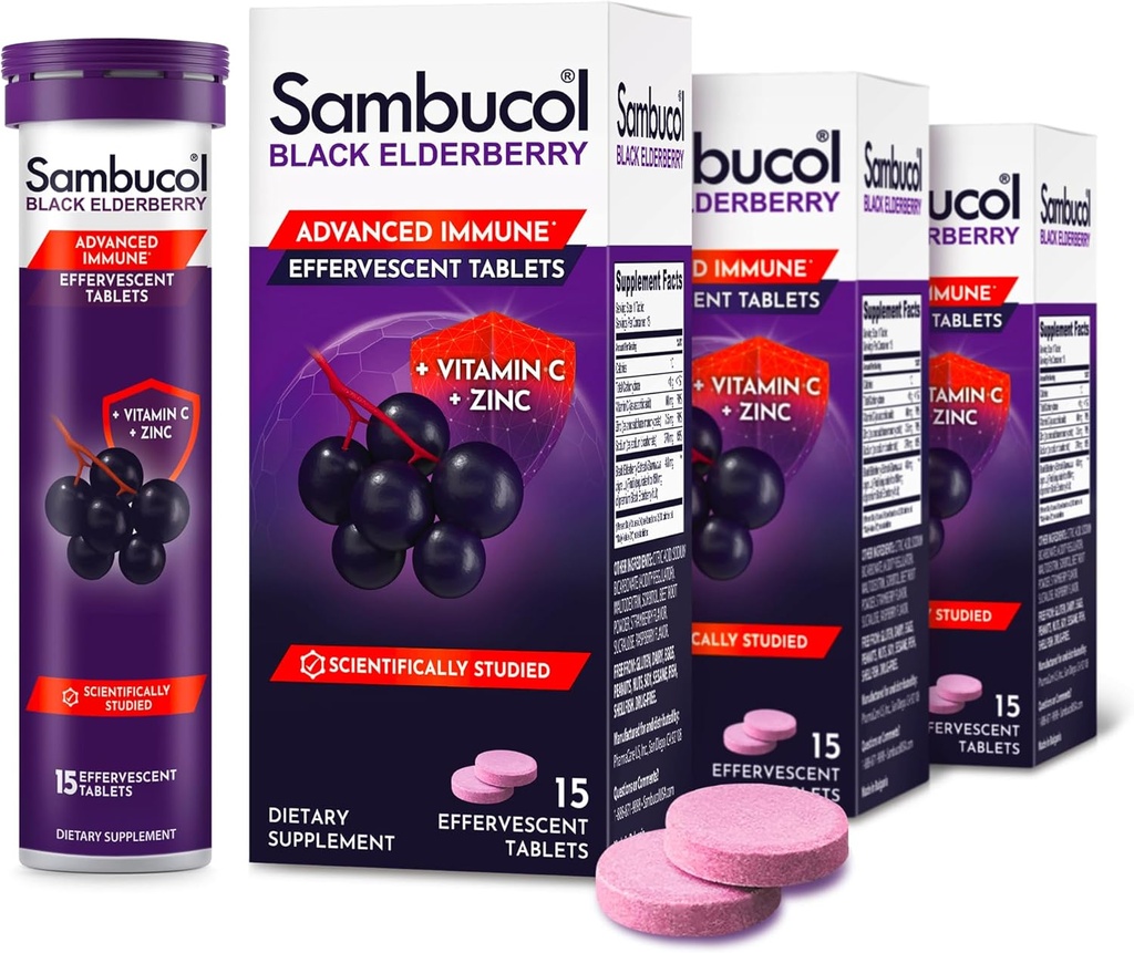 Sambucol Black Elderberry Tabletten mit Vitamin C & Zink - Immununterstützungsergänzung, Schwarze Elderberry mit Zink und Vitamin C Effervescent Tabletten, Hohe Antioxidantien, Trinken Fizzies - 15 Tabletten