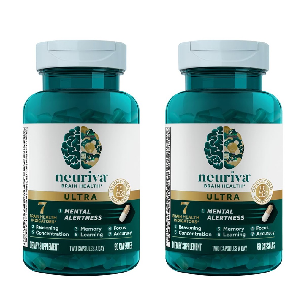 NEURIVA Ultra Cerveau Supplément pour alerte mentale, mémoire, focus et concentration avec Cognivive testé cliniquement, Neurofactor, Phosphatidylsérine, Vitamines B6 & B12, 60 Capsules de comptage (2 Pack)