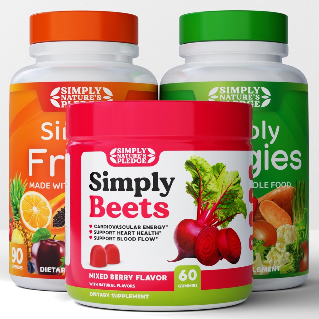 Simply Nature's Pledge - Fruit and Vegetable Supplements - 90 Veggie and 90 Fruit Capsules - Beets Gummy - 60 Count -Combo - 30 Day Supply of Each
