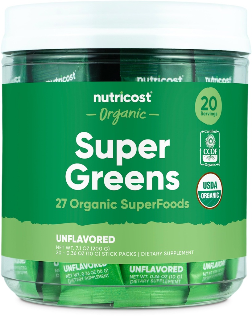 Nutricost Bio Super Greens (non aromatisé) 20 Stickpacks - sans gluten, non-OGM