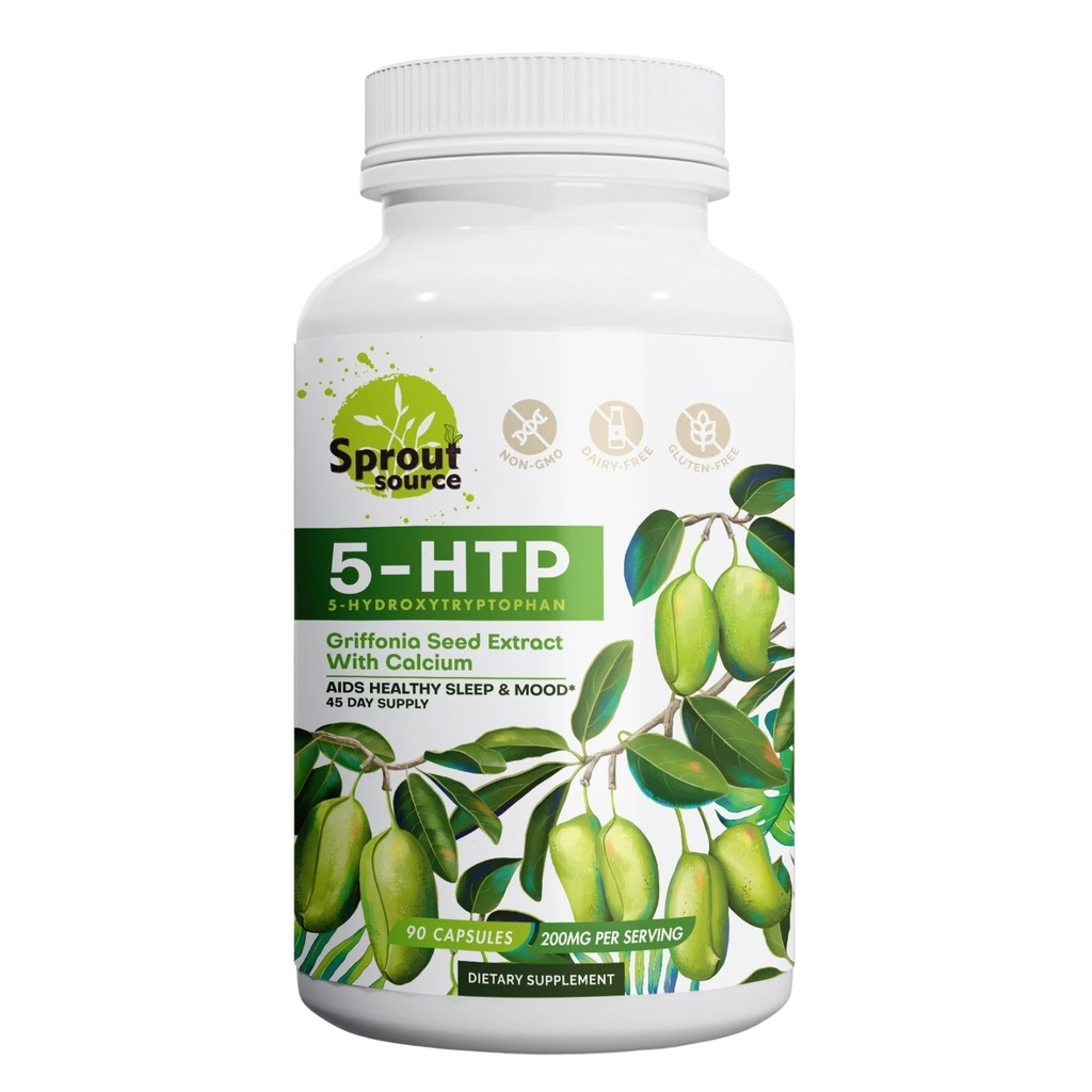 5-HTP-Ergänzung 200mg, unterstützt gesunden Schlaf & Stimmung mit Calcium – Non-GMO, Gluten-Free – 90 Kapseln
