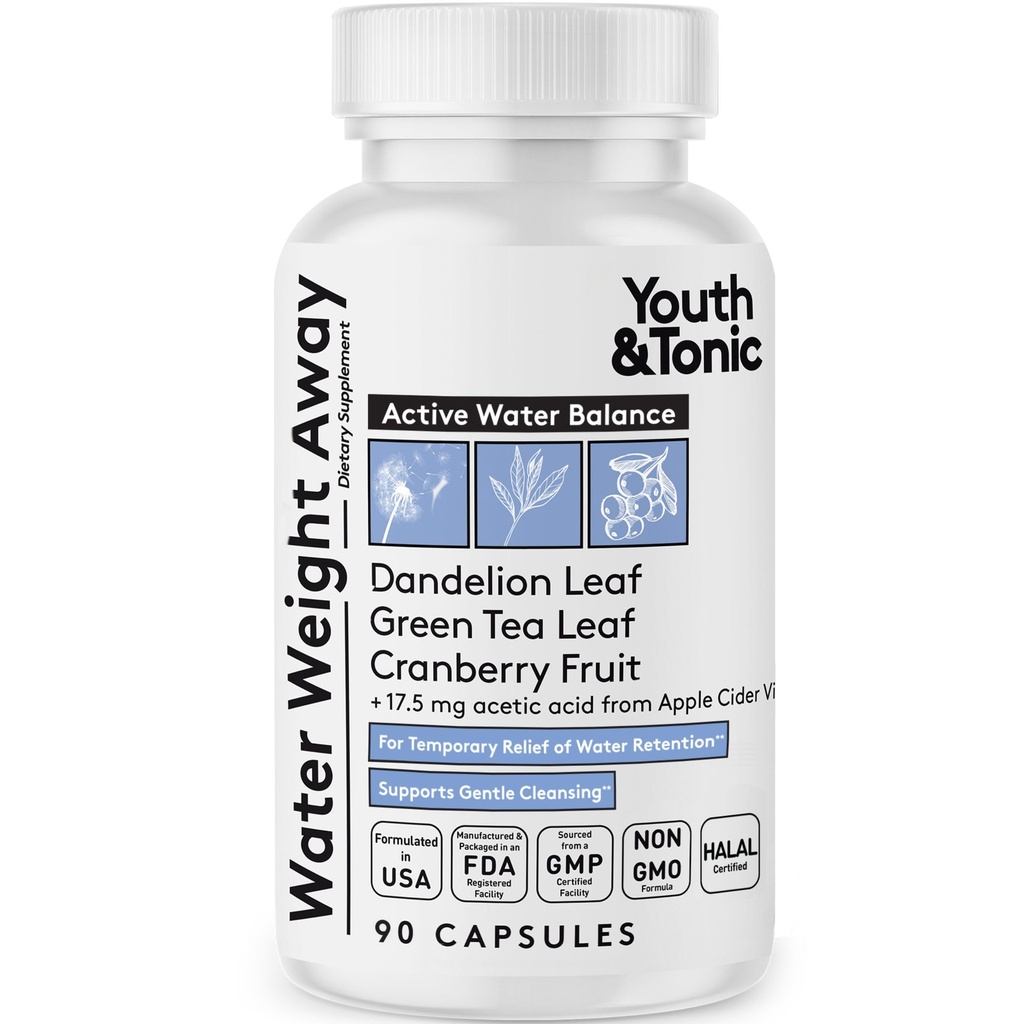 Youth & Tonic Water Weight Away – Diurétique naturel pour l'gonflement, le gonflement Belly et la rétention des fluides – pilules à base de plantes pour les femmes et les hommes, 90 capsules