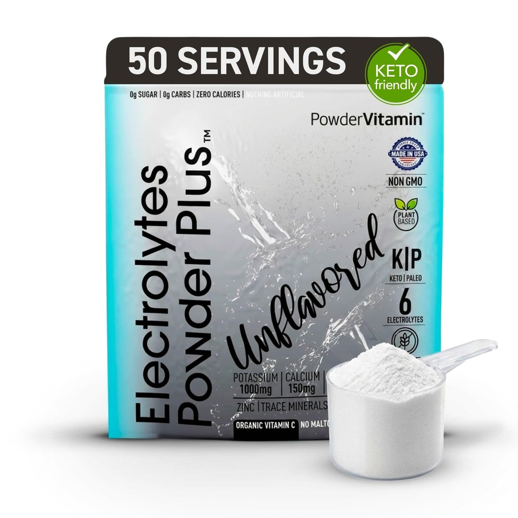 PowderVitamin Elektrolyte Pulver Plus (50 Portionen) Unflavored Elektrolyt Pulver Keto, Zuckerfrei, Rosa Himalaya Salz.,1000mg Kalium,150mg Calcium,150mg Magnesium, NO Stevia