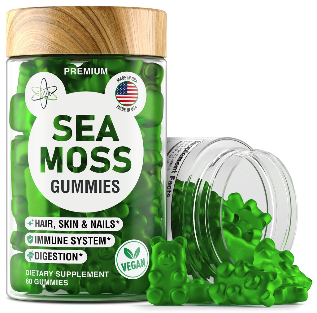 BioVit Sea Moss Gummi - Wildcrafted Irish Sea Moss für Erwachsene & Kinder - Seamoss Gel mit Bladderwrack & Burdock Root Extract - 60 Vegan Gummies