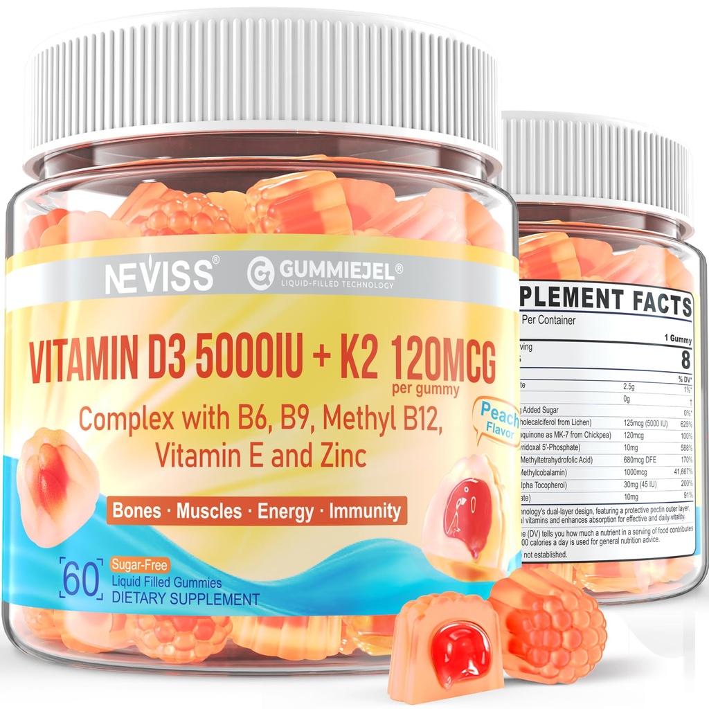 Vitamine D3 5000IU + K2 (MK-7) 120mcg, Vitamine sans sucre D3 K2 Gummées remplies avec complexe de vitamine B - méthyl B12, B9, B6= Vitamine E & zinc, huile MCT - soutient la force des os et des dents, Immune, 2PACK