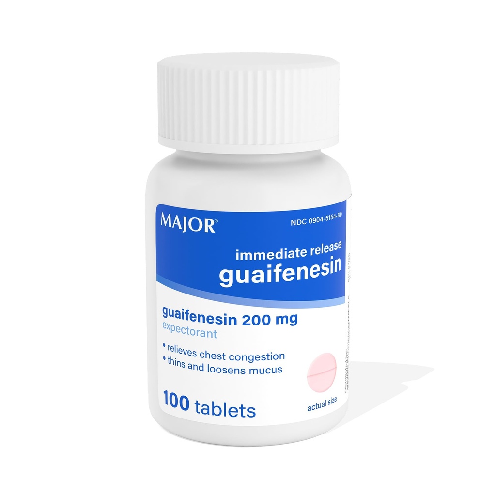 Major Immediate Release Guaifenesin - Relieves Chest Congestion, Thins und Loosens Mucus - 200 mg - 100 Tabletten