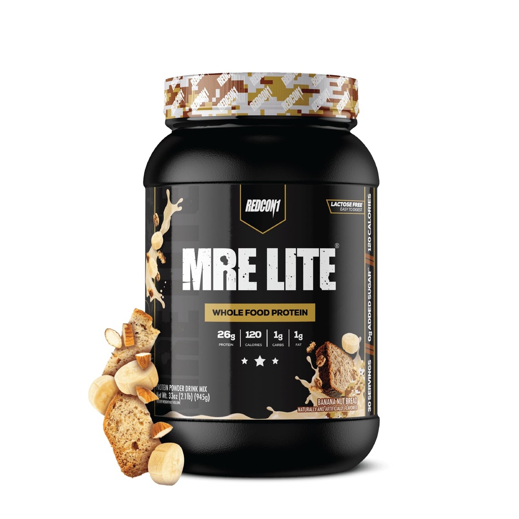 REDCON1 MRE Lite poudre de protéines alimentaires entières, pain à la banane - faible teneur en glucides et en lactosérum substitut sans repas avec mélanges de protéines animales - supplément facile à digérer fait avec des huiles MCT (30 portions)