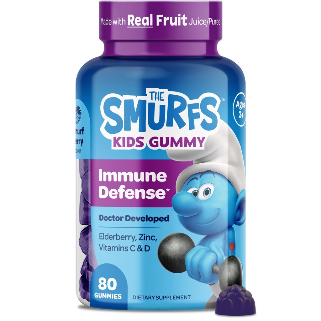 The Smurfs Immune Support Supplement Vitamins for Kids with Elderberry, Zinc, Vitamin C & D for Immune Defense Age 3+ | Made with Real Fruit in a Smurf Berry | Doctor Developed & Non-GMO | 80 Gummies