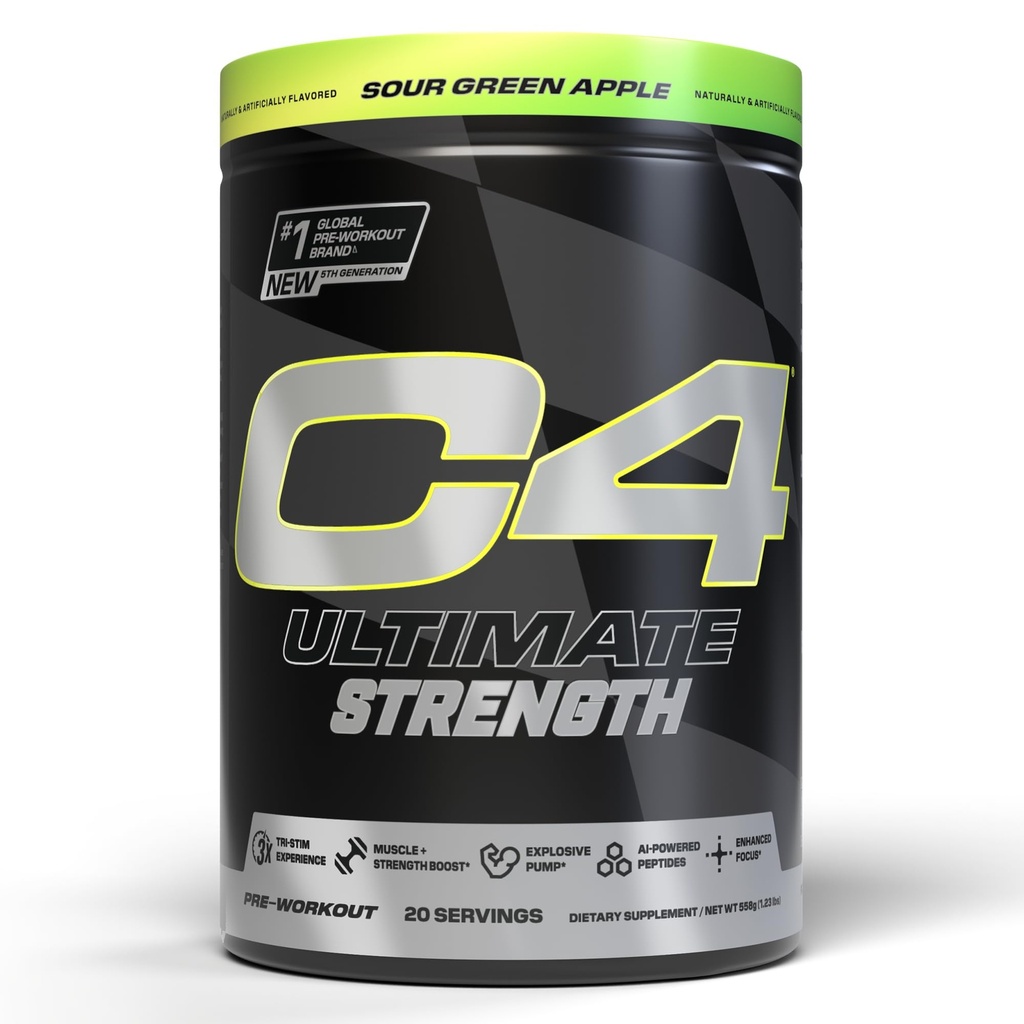 Cellucor C4 Ultimate Strength Pre Workout Powder - Tri-Stim Erfahrung 300mg Caffeine+TeaCrine+Dynamine - Kreatin & Beta-Alanin - Energieergänzung für Herren & Frauen - Saure Grüne Apfel, 20 Servierungen