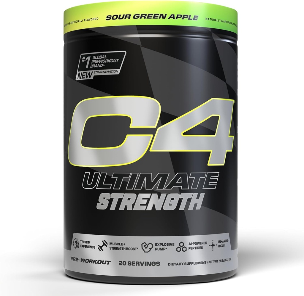 Cellucor C4 Ultimate Strength Pre Workout Powder - Tri-Stim Erfahrung 300mg Caffeine+TeaCrine+Dynamine - Kreatin & Beta-Alanin - Energieergänzung für Herren & Frauen - Saure Grüne Apfel, 20 Servierungen