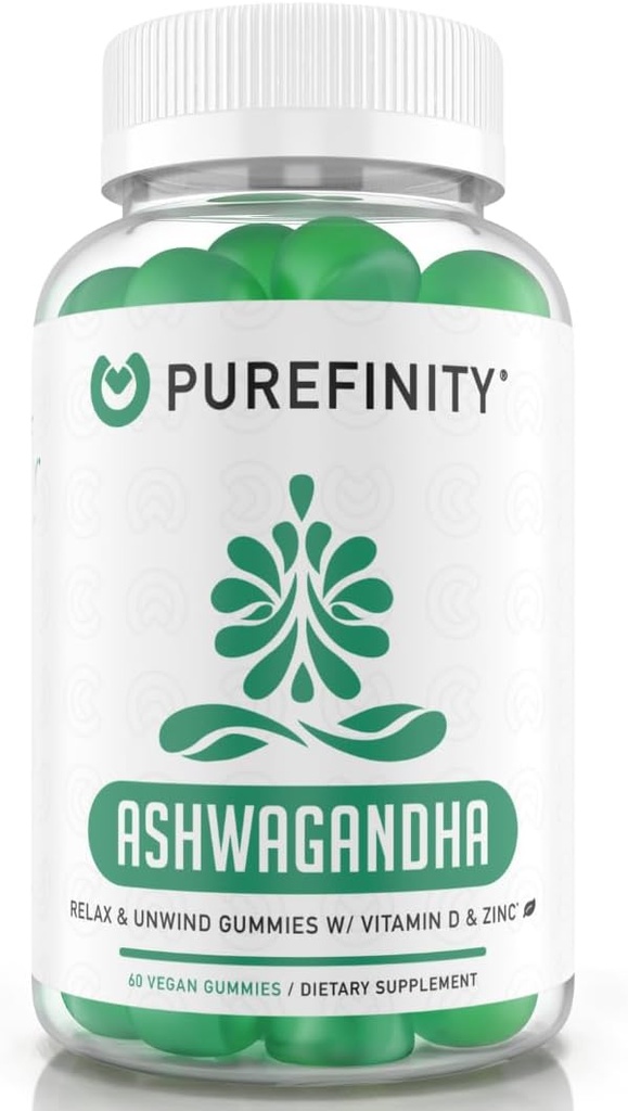 PUREFINITY Ashwagandha Gummies mit Vitamin D & Zink – Ergänzung für Entspannung, Beruhigung und Stimmungsunterstützung – Glutenfrei, Non-GMO, Vegan, 60 Count