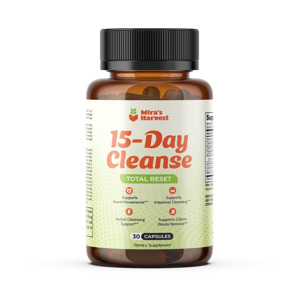 Mira’s Harvest 15-Day Cleanse - Two Phase Herbal Gut Cleanse for Men & Women| Herbal Cleanse with Aloe Vera, Psyllium, Senna| 30 Capsules