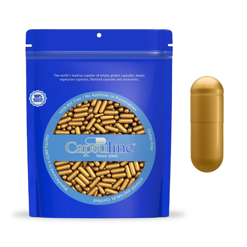 Capsuline Size 0 - Colored Gold Empty Gelatin Capsules - 1000 Count - Empty Gel Pill Capsules - DIY Pure Bovine Pill Capsule Filling - Empty Caps - Kosher and Halal Certified