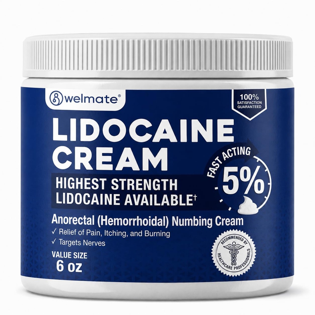 WELMATE 5% Lidocaine Cream for Hemorrhoids, 6 oz Jar – Fast-Acting Lidocaine Numbing Cream & Topical Analgesic Cream for Anorectal Itch Relief