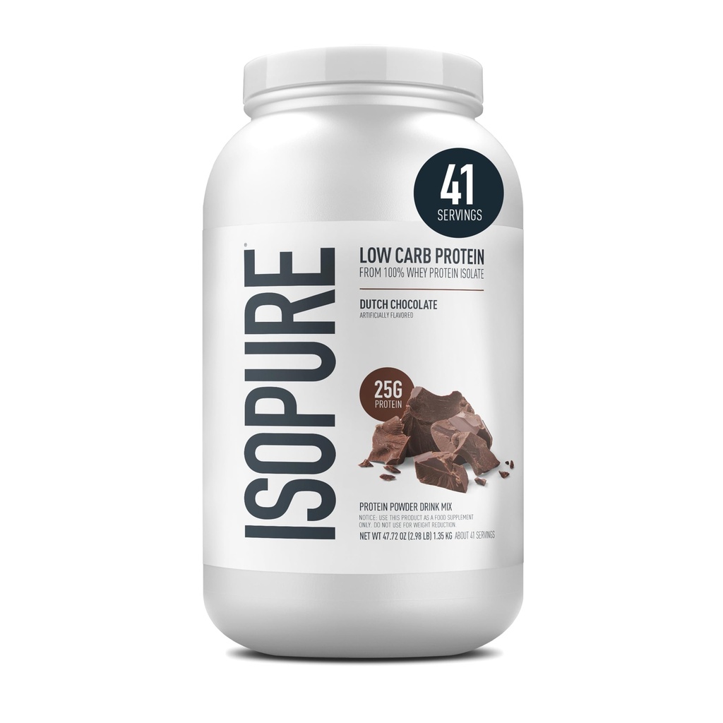 Isopure Low Carb 100% Pure Whey Isolate Protein Powder, Sans lactose, Sans gluten, avec des vitamines, Chocolat hollandais, 25g Protéines par portion, 3,07 Lb, 41 portions (paquetage mai Vary)