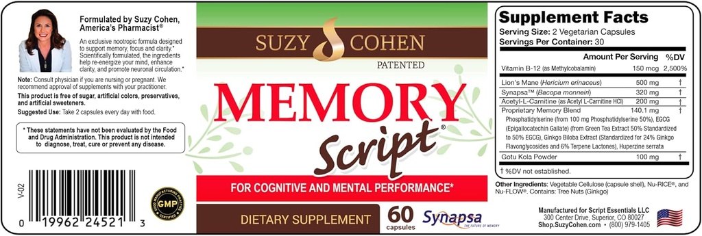 Suzy Cohen Memory Script mit Lions Mane, Phosphatidylserine, Green Tea Extract und Ginkgo - Brain Support Supplement für Fokus - Nootropic Kapseln für Kognition, schneller Recall und Stimmung
