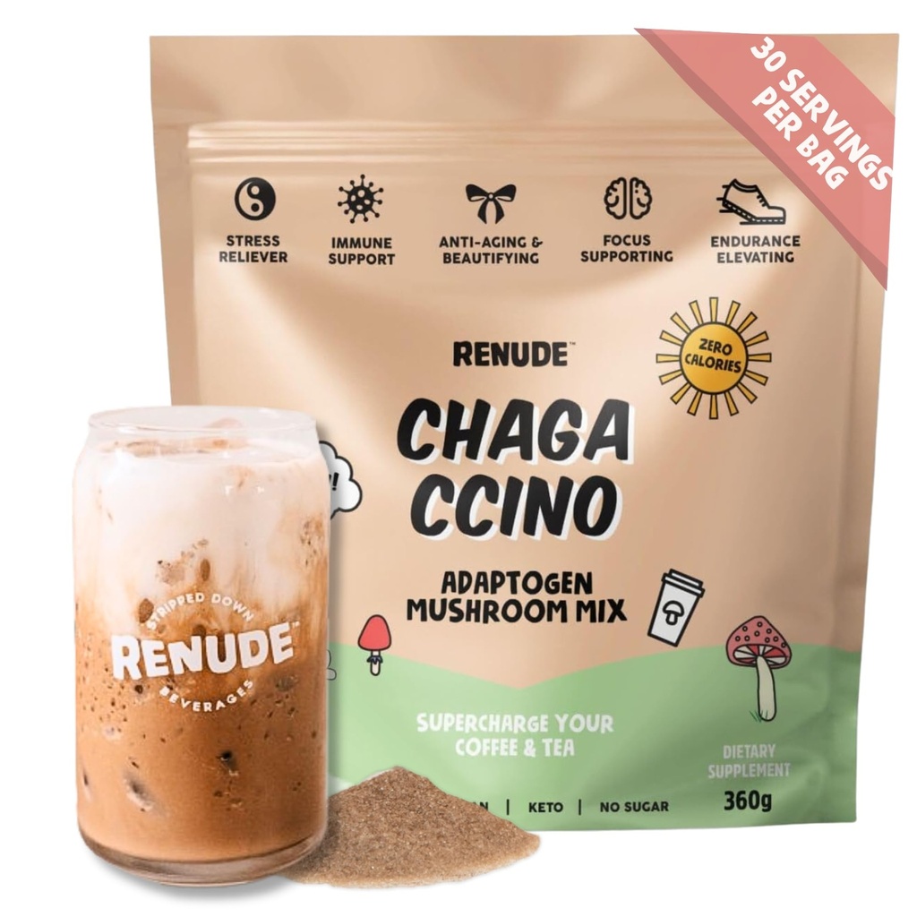 Renude Chagaccino - Chaga Pilz-Pulver, Pilz-Kaffee-Mischung mit Adaptogenen, natürliche Energie und Immununterstützung, Vegan, Keto, Zero Calorie Pilz-Mischpulver - 30 Portionen