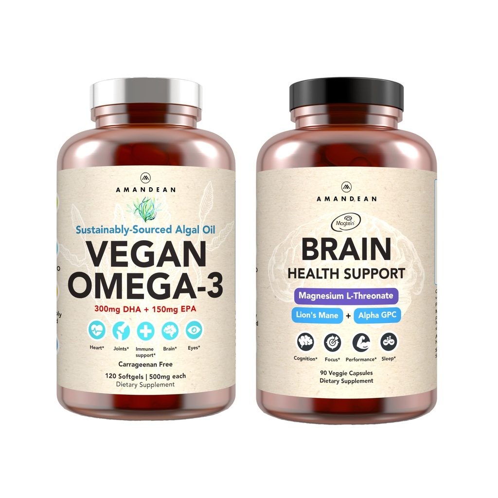 AMANDEAN Cerveau et Omega-3 végétal: Thréonate de magnésium, Lion des États-Unis-Grown Mane 6:1, Alpha-GPC et Algae DHA/EPA. Graisses essentielles végétales pour la santé du cerveau, des yeux, du coeur et de la peau. Huile de poisson Alternative.