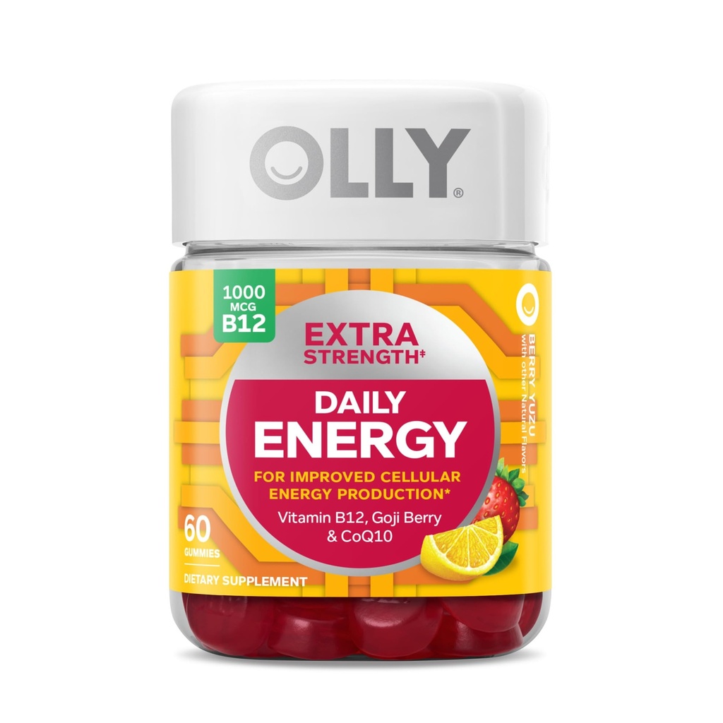 OLLY Ultra Strength Hair, Extra Strength Daily Energy, Biotin, Keratin, Vitamin B12, CoQ10, Goji Berry Gummy Supplement Bundle - 30 Count, 60 Count