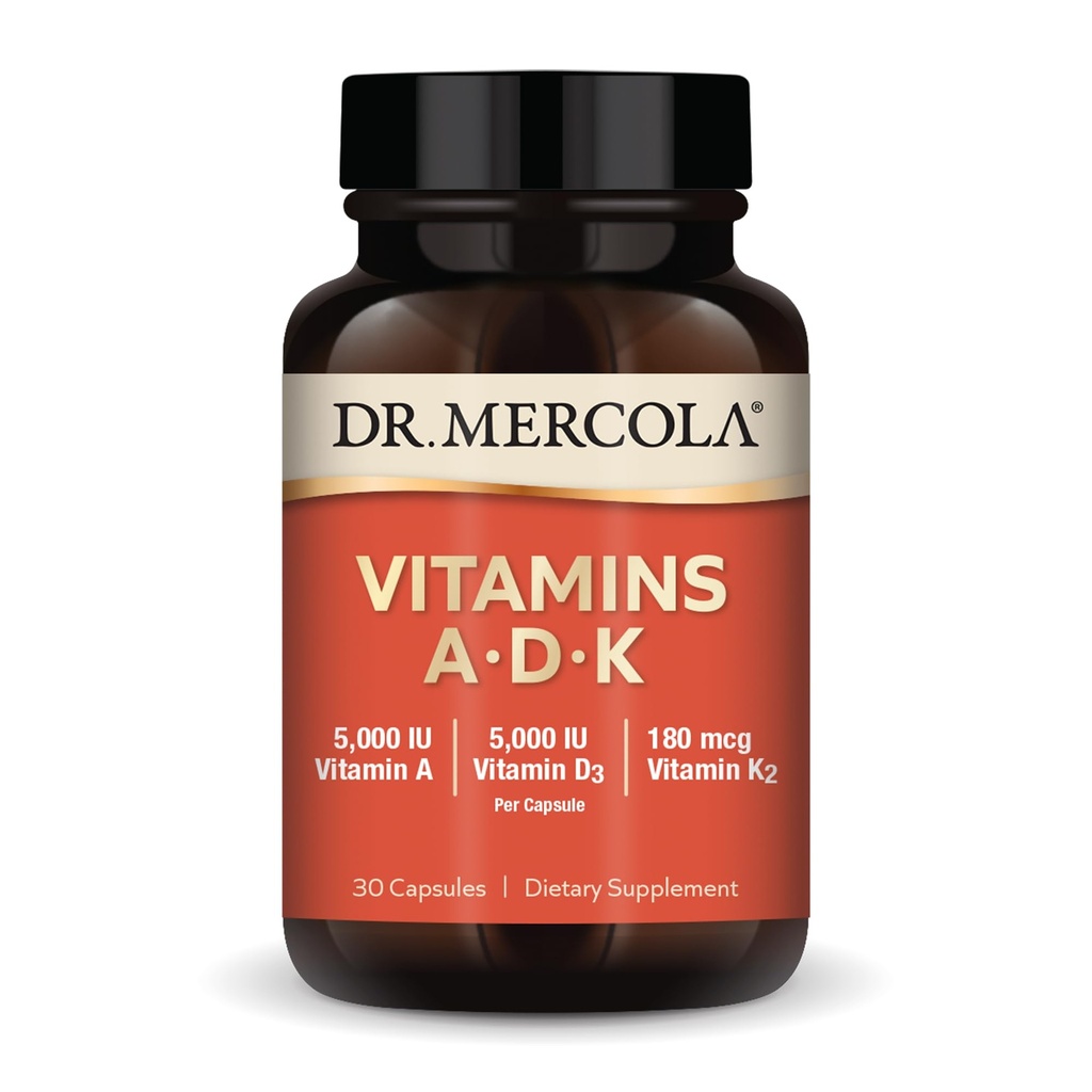 Dr. Mercola Vitamine ADK, 30 Portionen (30 Kapseln), Nahrungsergänzung, 5000 IU Vitamin A & Vitamin D3, 180 mcg Vitamin K2, unterstützt Immungesundheit, GMO
