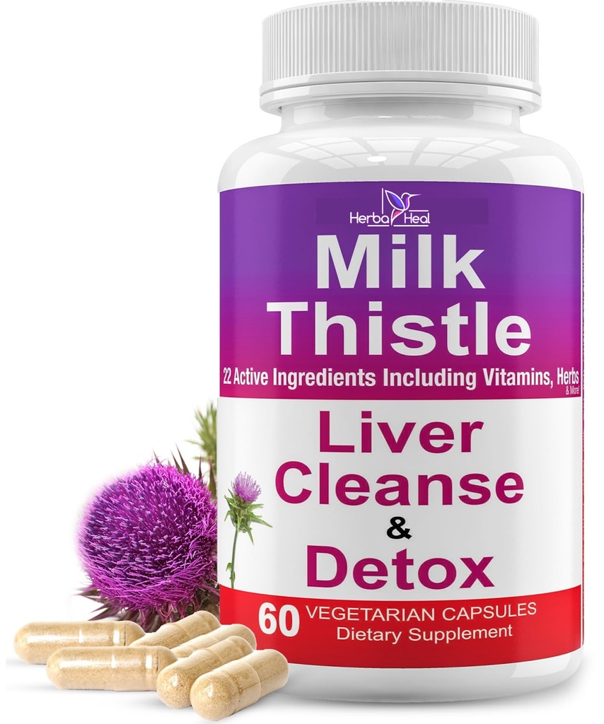 Liver Cleanse Detox Milk Thistle Liver Support 1000mg High Potency Liver Focus Supplement with 22 Ingredients - Natural Detoxifier & Regenerator with Silymarin Extract