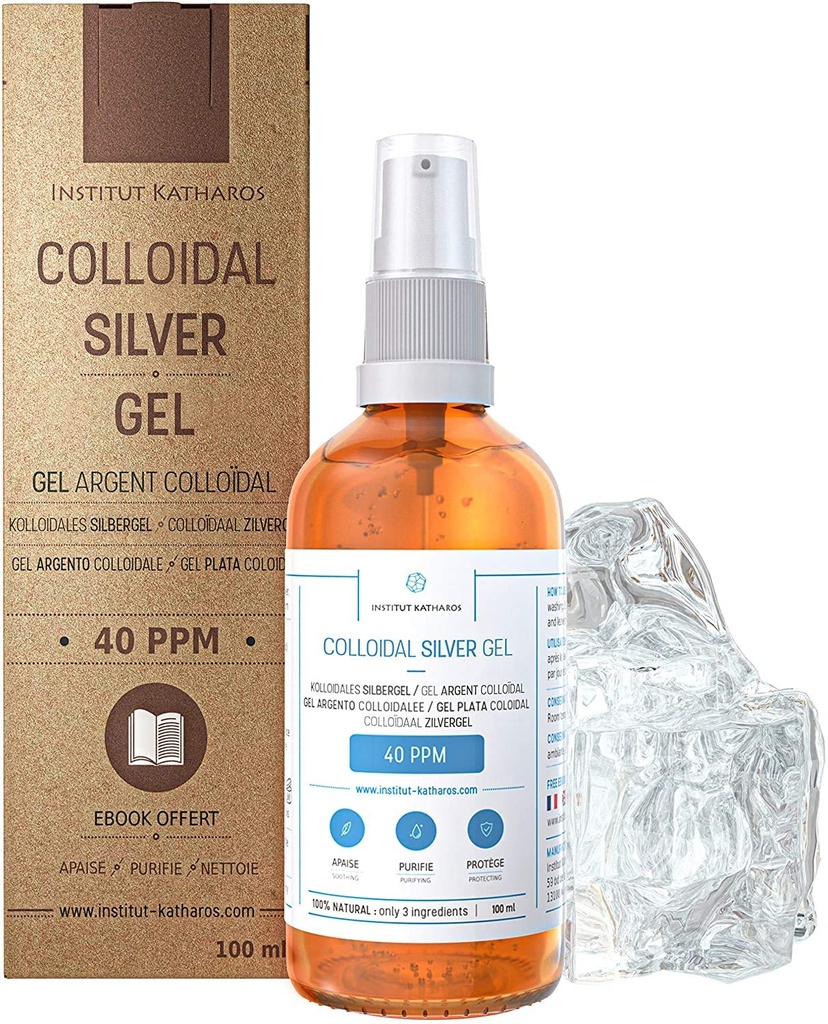 Reines kolloidales Silber Gel 40 PPM • 100% Natürliche und nur 3 Inhaltsstoffe • Optimale Textur und Absorption (bessere als Cremes) • Amberglas und Ultra-Practical Pump • Ebook enthalten • Institut Katharos