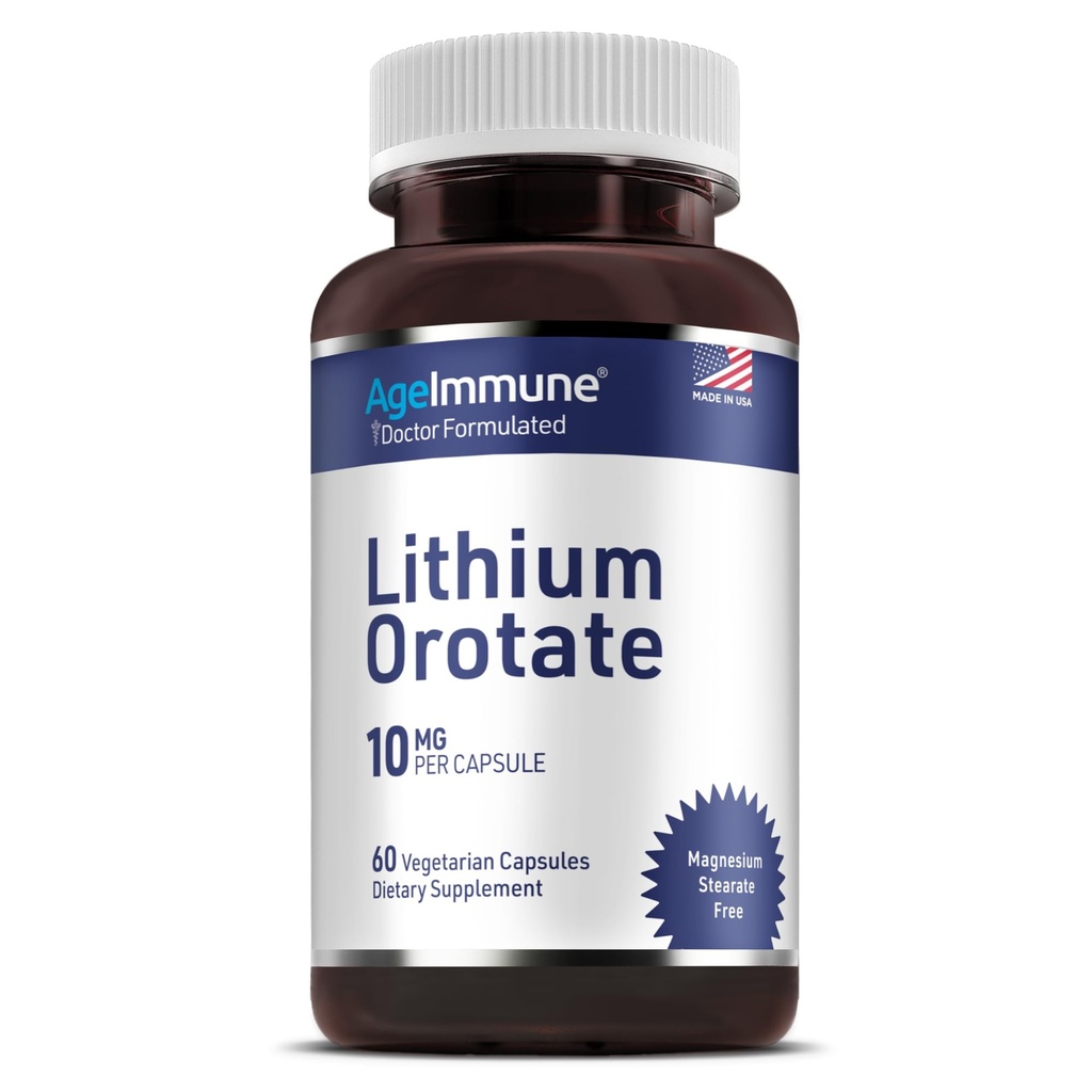Orotate de lithium 10mg par gélule - 60 Capsules végétariennes. Mémoire et bien-être émotionnel Support - Magnésium Stearate Free - 2 mois d'approvisionnement en supplément de lithium.