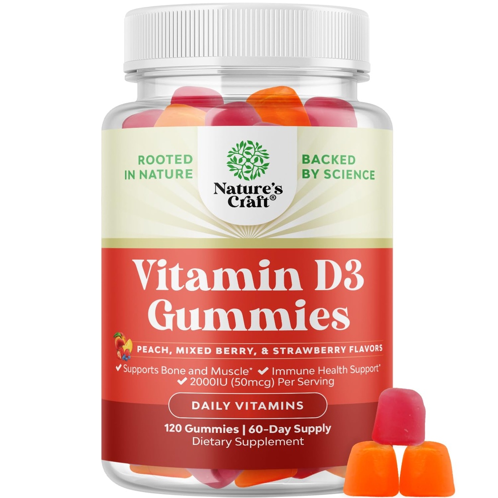 Natures Craft Vitamin D3 Gummi für tägliches Wellness - Delicious Vitamin D Gummis für Erwachsene mit D3 2000IU pro Servieren Knochen Muskel- und Immununterstützung - Non-GMO Gelatin & Gluten Free (60 Tage Versorgung)