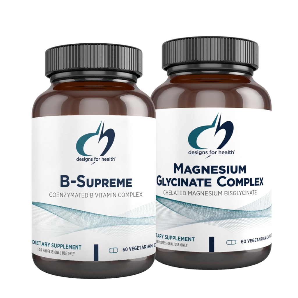 Designs für Gesundheit Magnesium Glycinat Complex (60 Kapseln) & B-Supreme (60 Kapseln) Bundle - B Vitamin Complex mit hoher Absorption Magnesium Supplement