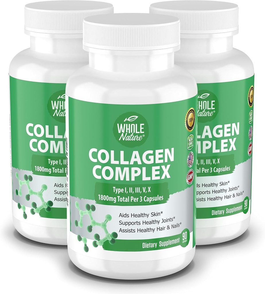 Multi Collagen Protein Peptides Supplement Capsules - 1800mg Collagen Complex Types I, II, III, V, X - Joint Support, Healthy Hair, Skin, Nails, Beauty Vitamins, 100% Natural, Non-GMO 270ct (3)