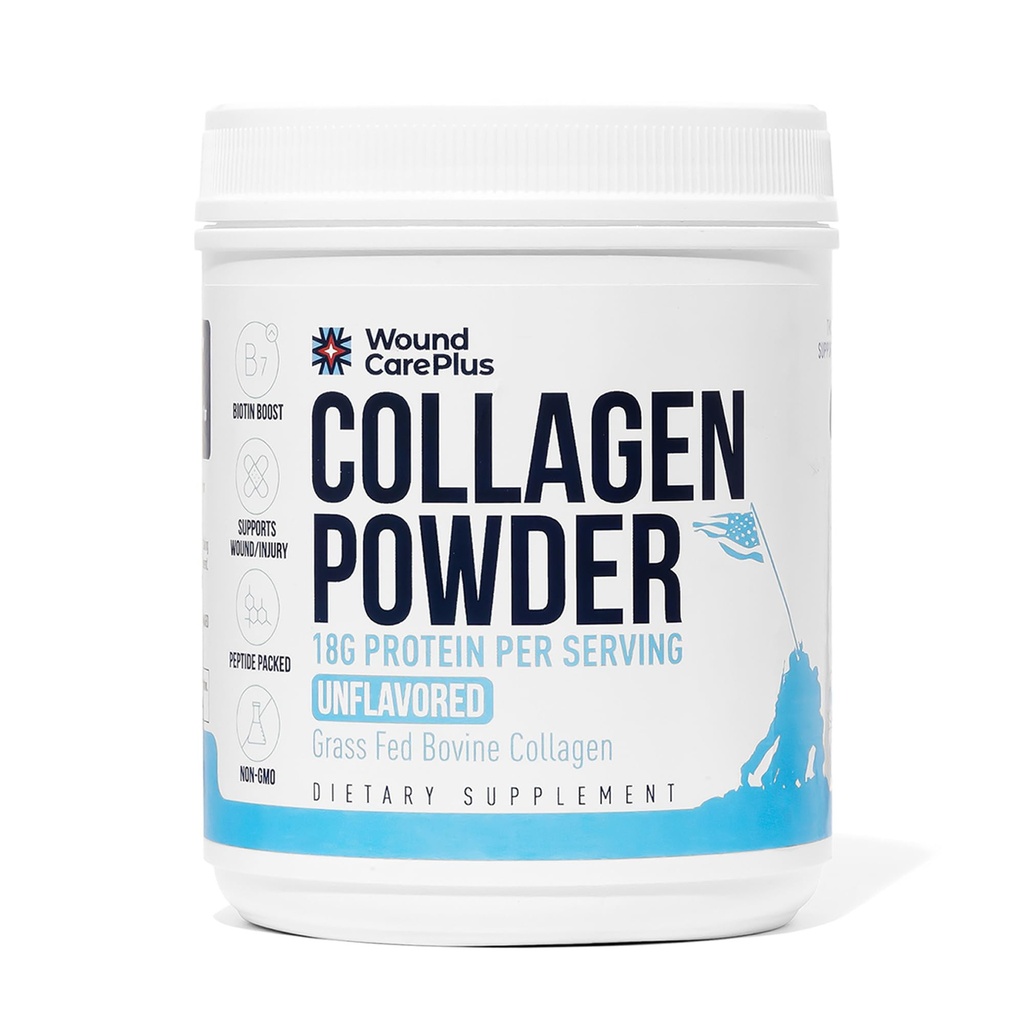 Wound Care Plus Collagen Peptides Powder Unflavored - Grass-Fed Hydrolyzed Collagen with 18g Protein - Supports Skin, Hair & Joint Health - Non-GMO, Keto Friendly