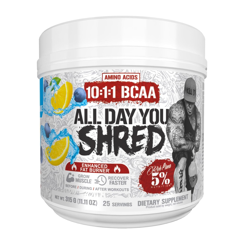 5% Ernährung Rich Piana AllDayYou Shred BCAA Pulver | Aminosäure Ergänzung für Gewichtsverlust | Elite Fat Burning Pre Workout für Energie, Hydration, Endurance & Recovery (Blueberry Lemonade)