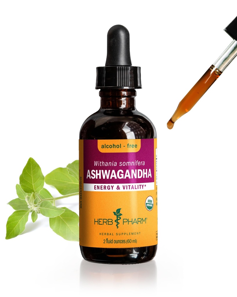 Kräuter Pharm Certified Organic Ashwagandha Extrakt Tropfen für traditionelle Unterstützung für Energie und Vitalität, Alkoholfreies Glycerit, 2 Oz