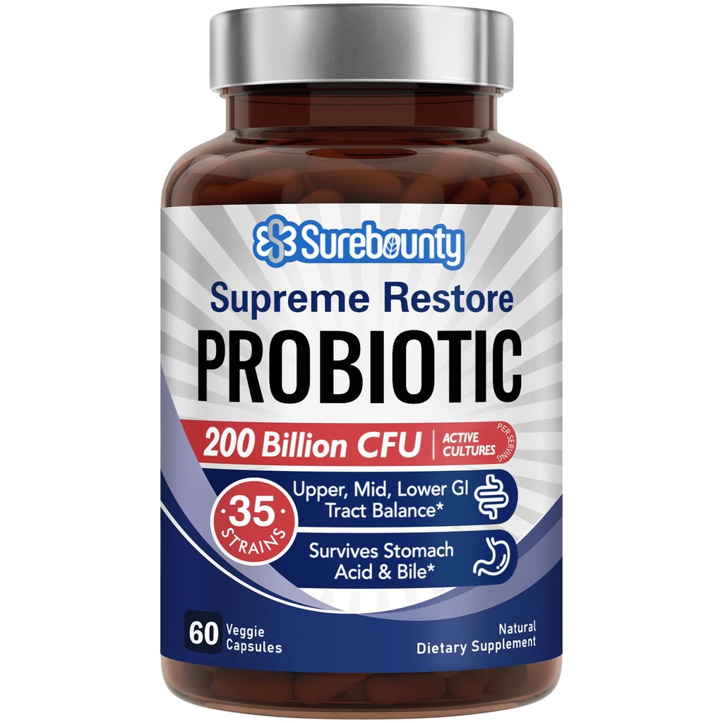 Probiotique pour les hommes et les femmes, 200 milliards CFU 35 souches, prébiotiques + enzymes digestives, Supreme Restore Probiotic Supplement, Upper, Mid, Lower GI Tract Balance, 60 capsules de légumes, 1 mois