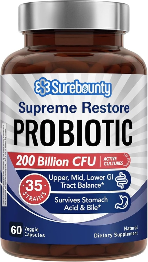 Probiotique pour les hommes et les femmes, 200 milliards CFU 35 souches, prébiotiques + enzymes digestives, Supreme Restore Probiotic Supplement, Upper, Mid, Lower GI Tract Balance, 60 capsules de légumes, 1 mois