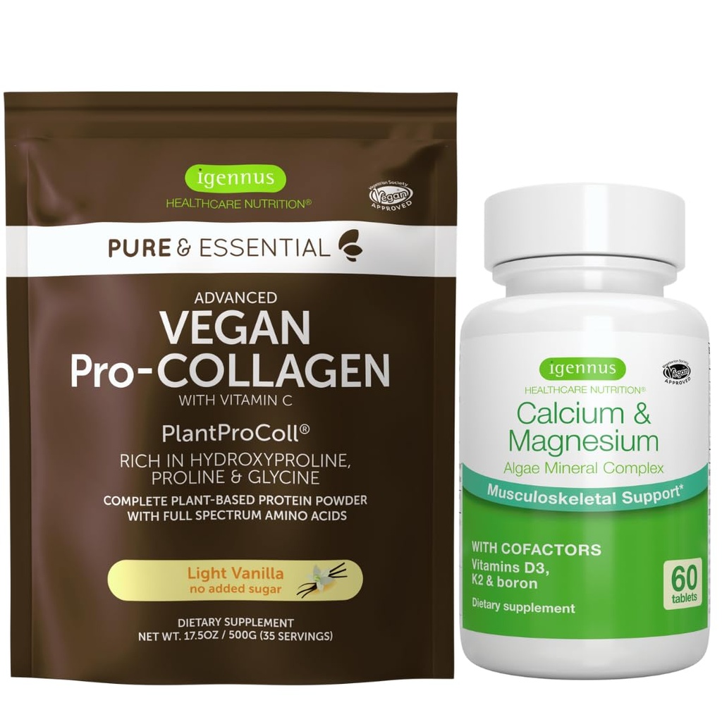 Poudre de protéines de collagène végétalien + ensemble complexe de calcium et magnésium, soutien complet aux os, par Igennus