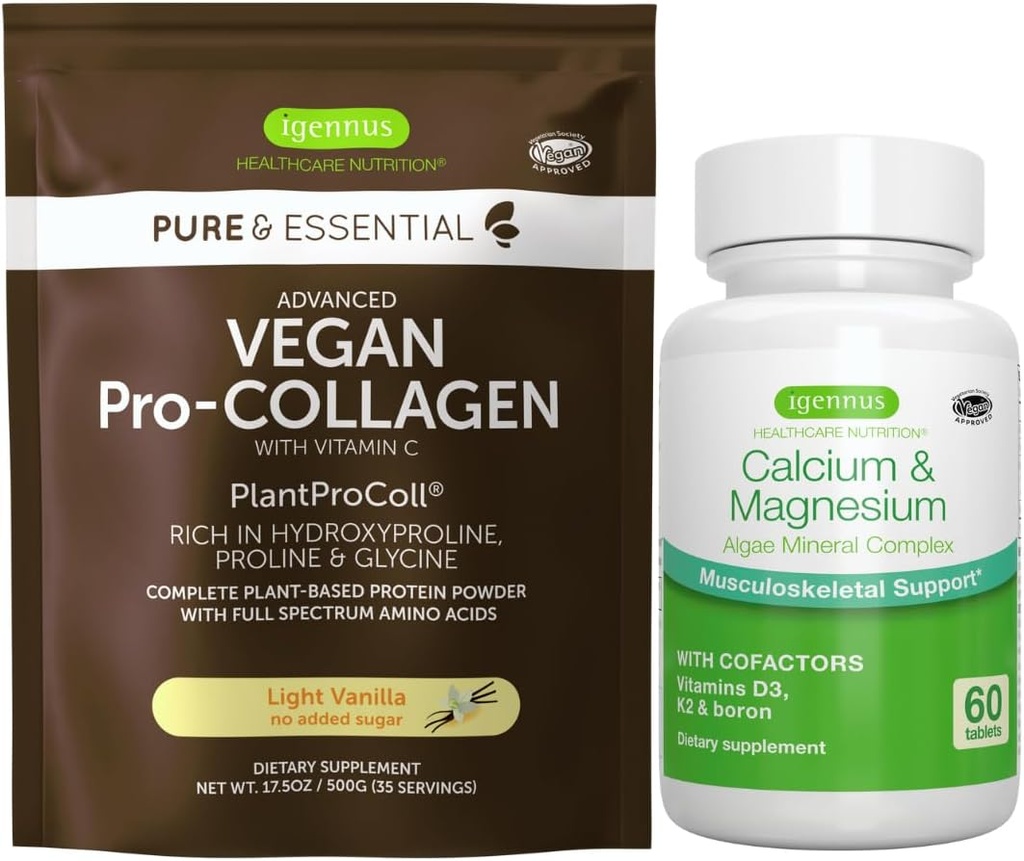 Vegan Vanilla Collagen Protein Powder + Calcium & Magnesium Complex Bundle, Comprehensive Bone Support, by Igennus