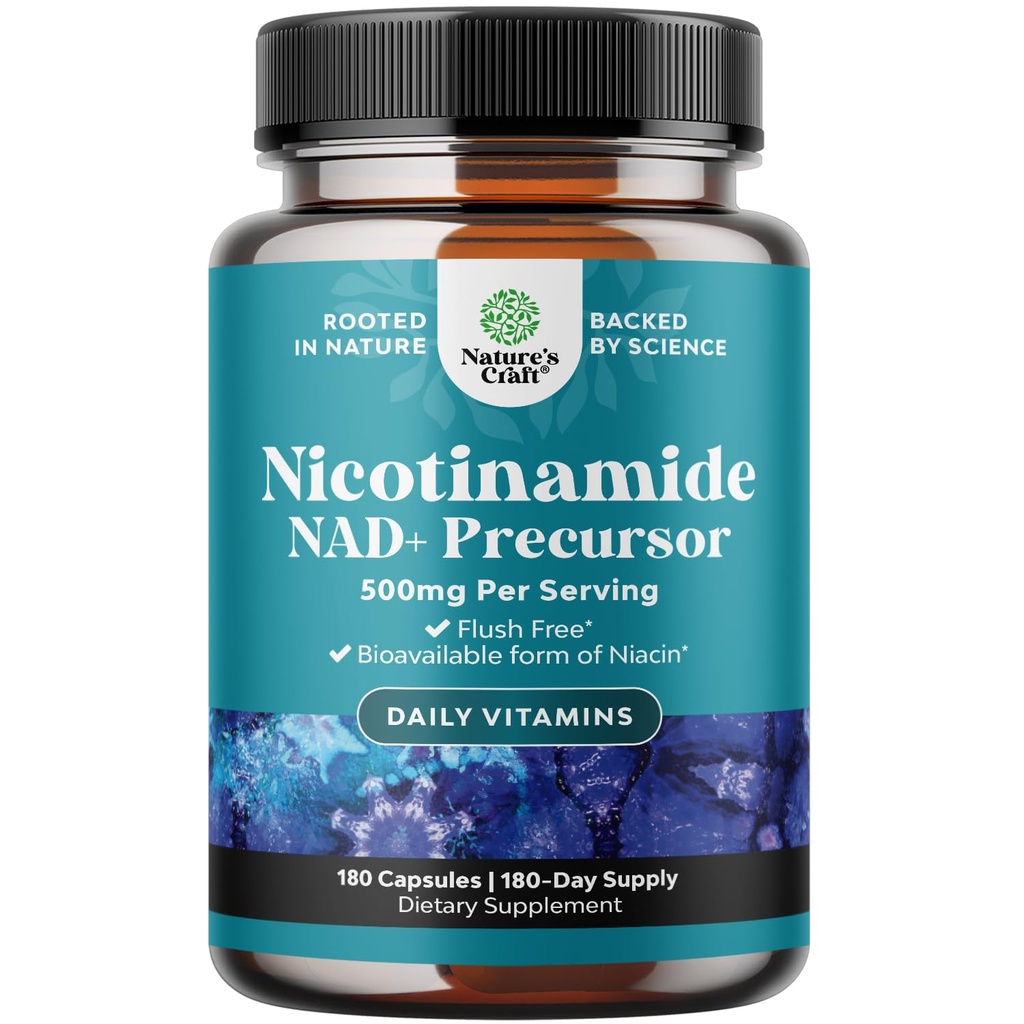 Vitamin B3 Niacinamid 500mg Kapseln - Mitochondriale Energie und potente Hautergänzung - AKA Vitamin B3 Niacin 500mg Flush Free und Nicotinamid 500mg - Flush Free Niacin Supplement - 180 Count