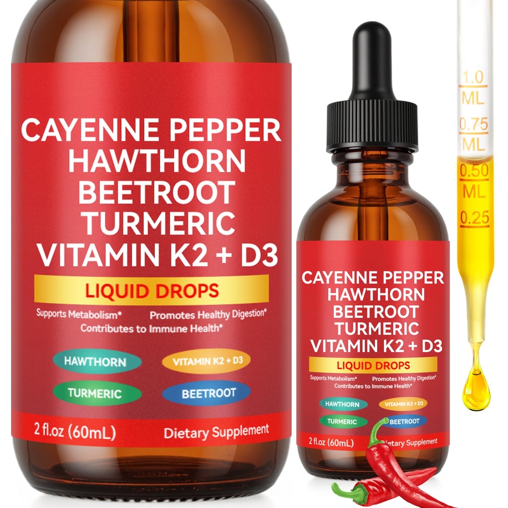 Cayenne Pepper Drops, Cayenne Pepper Supplement Liquid Drops + Hawthorn Berry, Vitamin K2 & D3, Turmeric Curcumin, Beet Root Powder, Vegan-Friendly, Easily Absorbed - 60ml