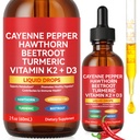 Cayenne Pepper Drops, Cayenne Pepper Supplement Liquid Drops + Hawthorn Berry, Vitamin K2 & D3, Turmeric Curcumin, Beet Root Powder, Vegan-Friendly, Easily Absorbed - 60ml