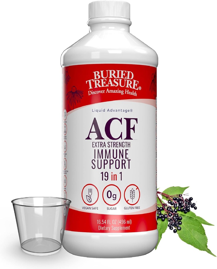 Trésor enterré ACF Extra Strength Immune Support, 16oz. avec coupe de dose, vitamines et herbes, supplément d'immunité alimentaire