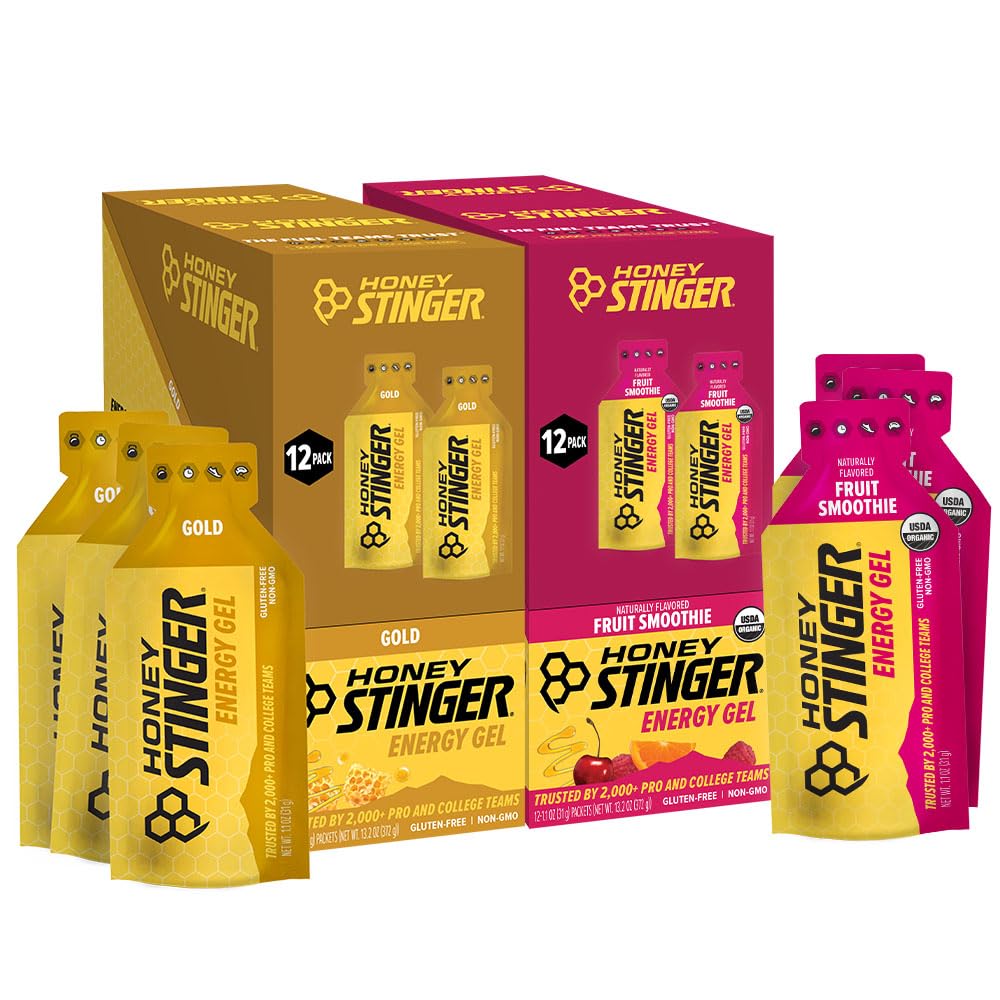 Honey Stinger Energy Gel Variety Pack of 24, 12 Packs Each of Gold and Organic Fruit Smoothie, Gluten Free & Caffeine Free, Sports Nutrition for Home & Gym, Pre and Mid Workout