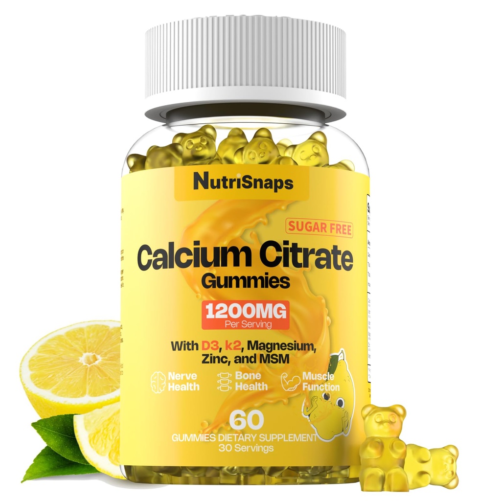 Citrate de calcium sans sucre Gommies 1200mg avec vitamine D3 K2, Magnésium, zinc, MSM pour les hommes et les femmes, os, muscles, soutien immunitaire, Absorption ultime supplément de calcium, végétalien, 60 comte
