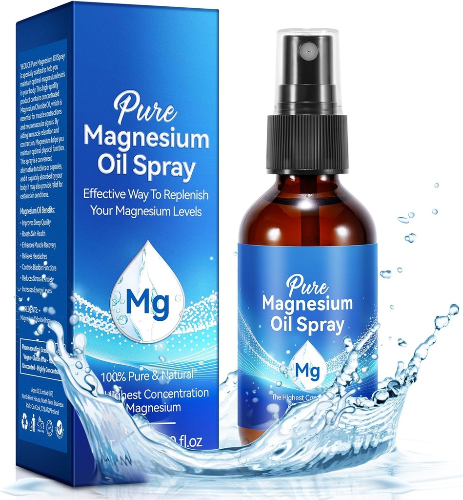 Spray de magnésium, Spray d'huile de magnésium pur pour pieds, Ingrédient biologique naturel dans bouteille de verre, Facile à absorber et à utiliser (60ML)